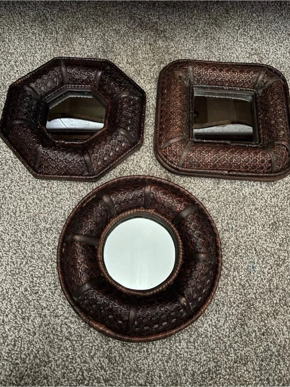 Vintage Boho Woven Wall Mirror Set of 3 10”x10” Asian Rattan Style Decor